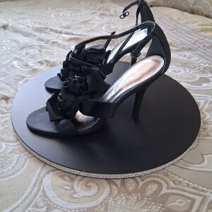 Black Floral Ruffle Stiletto Heels with Ankle Strap